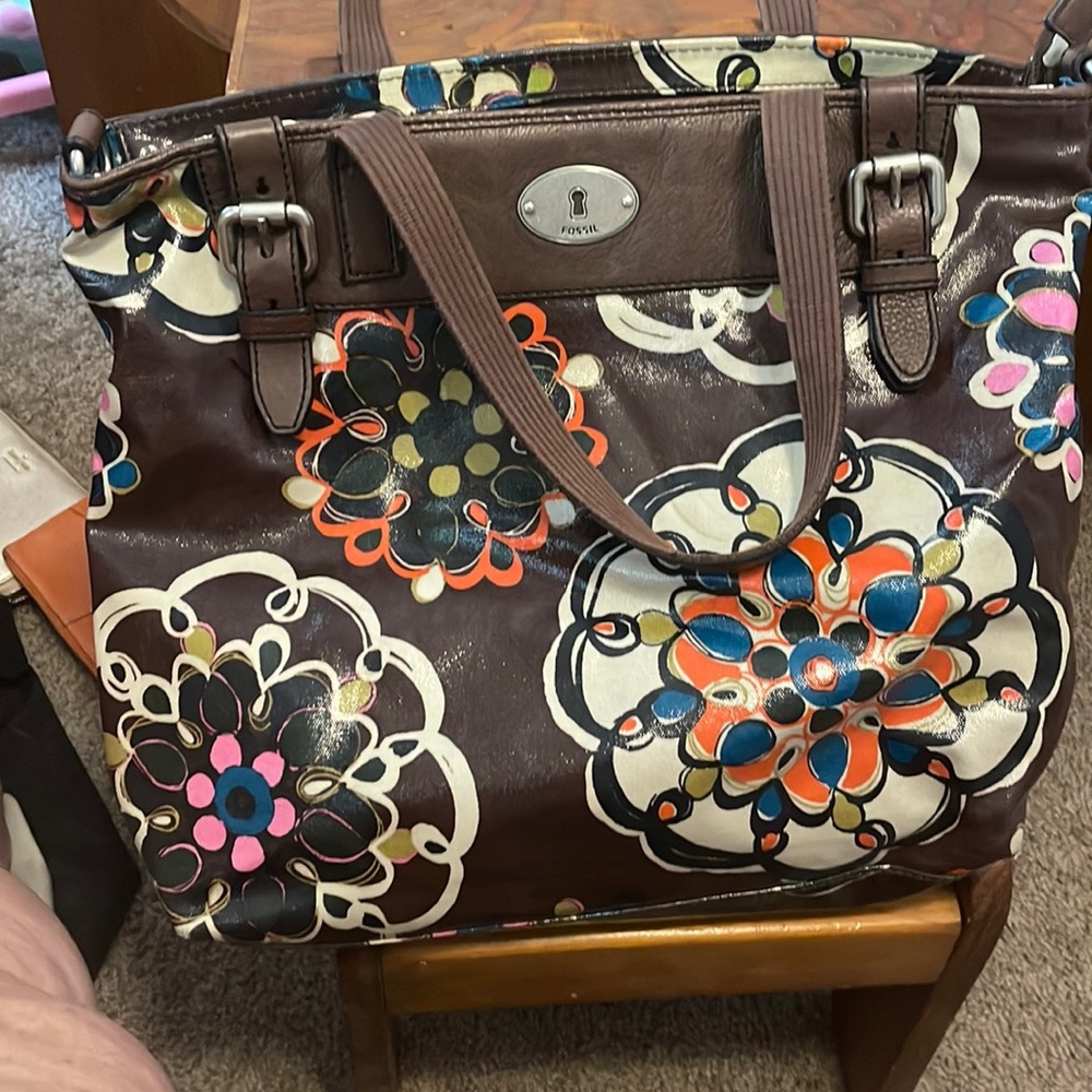 Fossil Key-per large tote bag brown floral doodles